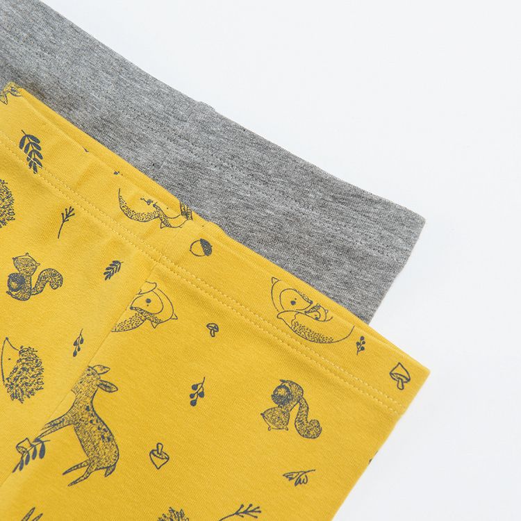 Grey and yellow with forest animals print leggings 2 pack