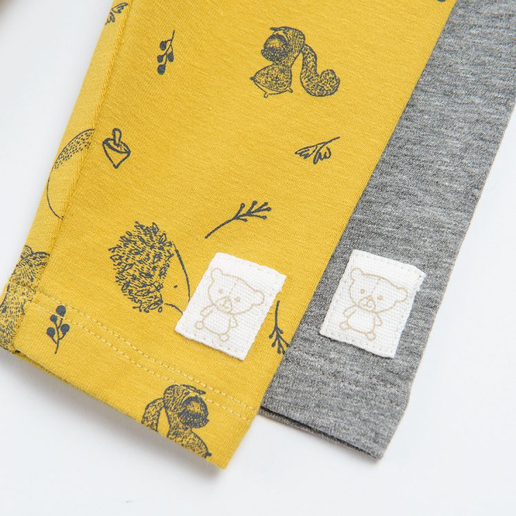 Grey and yellow with forest animals print leggings 2 pack