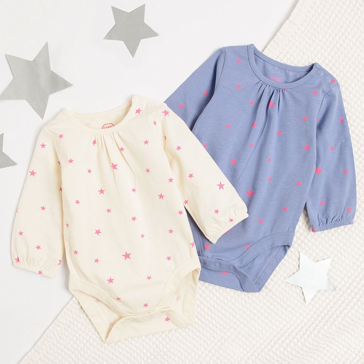 White and blue with stars long sleeve bodysuits 2 pack