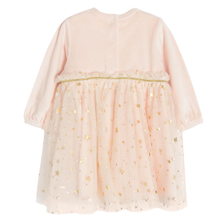 Φόρεμα μακρυμάνικο ροζ βελουτέ με τούλινη φούστα και χρυσά αστεράκια