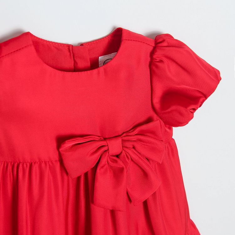 Φόρεμα κοντομάνικο κόκκινο με βολάν και φιόγκο