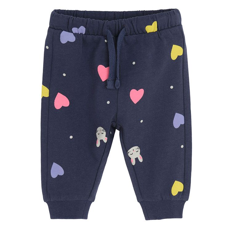 Blue jogging pants with hearts and bunnies print