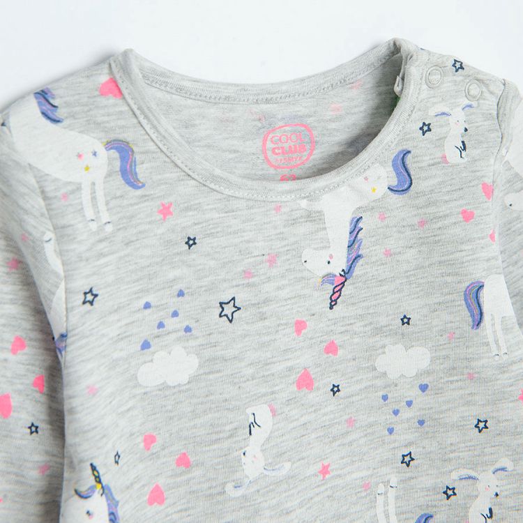Grey long sleeve bodysuit with unicorn print