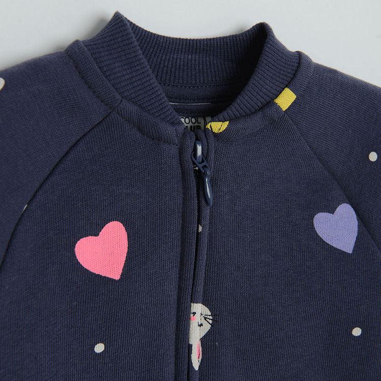 Blue zip through sweatshirt with hearts and bunnies print