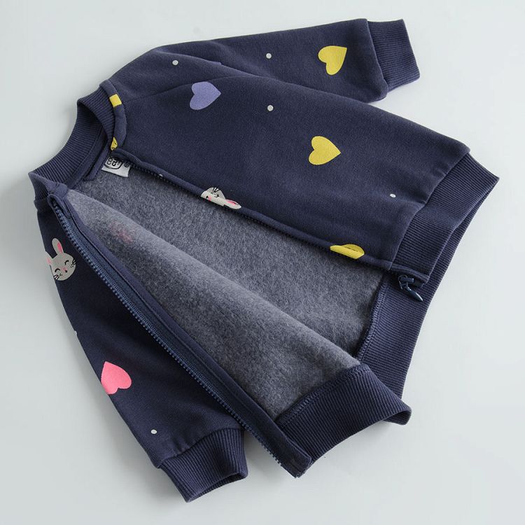 Blue zip through sweatshirt with hearts and bunnies print