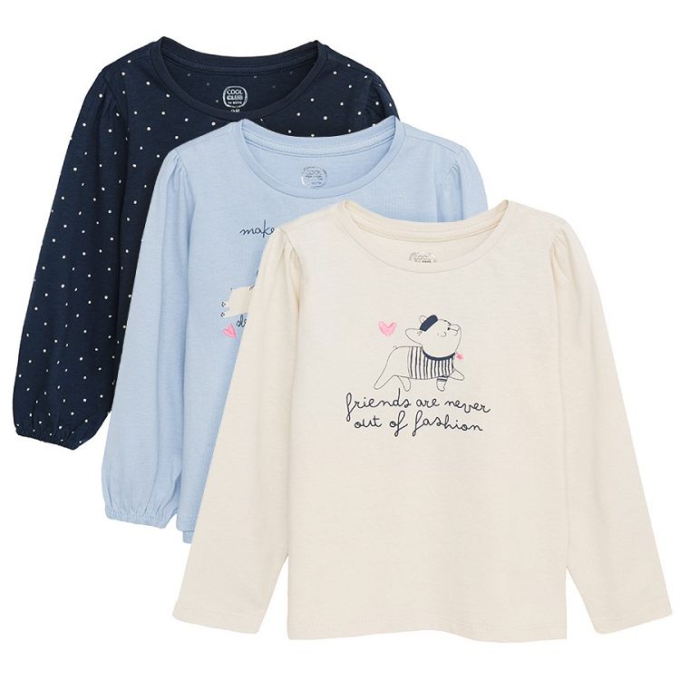 Blue polka dot light blue and cream with various animals print long sleeve blouses 3 pack