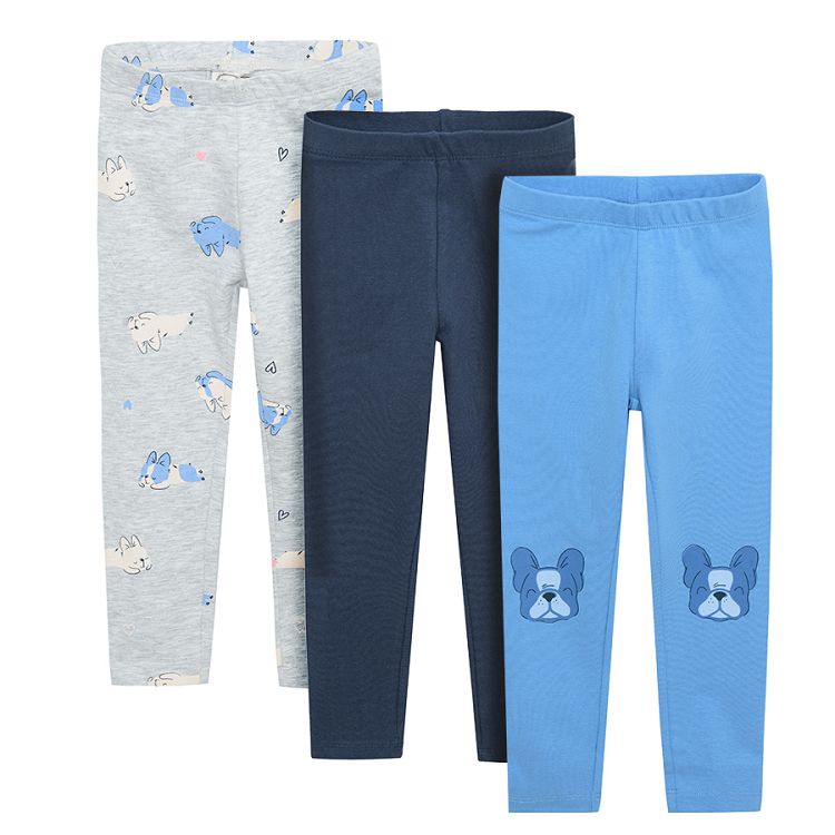 Grey blue and light blue leggings with dog prints 3 pack