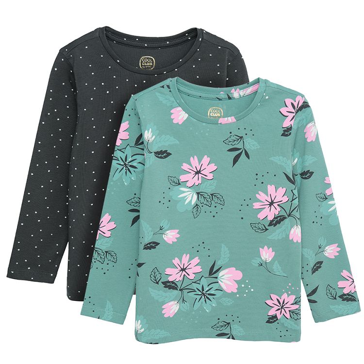Grey polka dot and green floral long sleeve blouse 2 pack