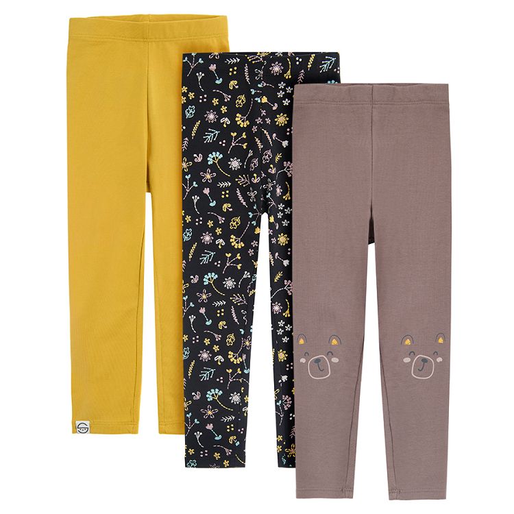 Yellow blue floral and brown with bears print leggings 3 pack