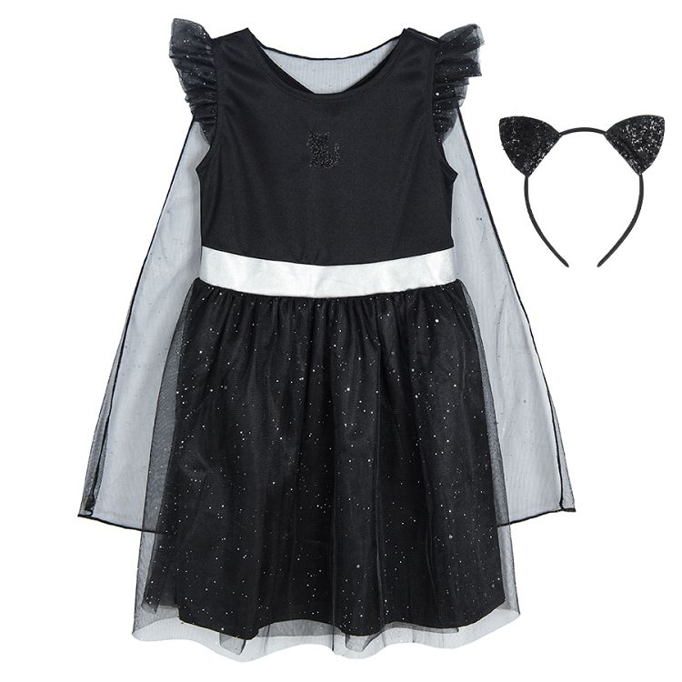 Φόρεμα κοντομάνικο μαύρο με τούλινη φούστα με γκλίτερ και λευκή ζώνη