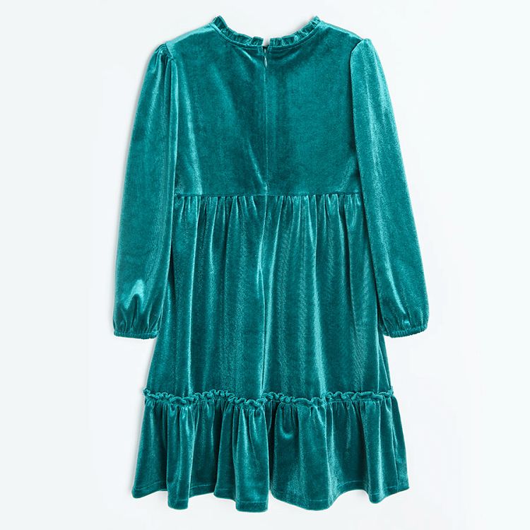 Φόρεμα μακρυμάνικο πράσινο βελουτέ με βολάν