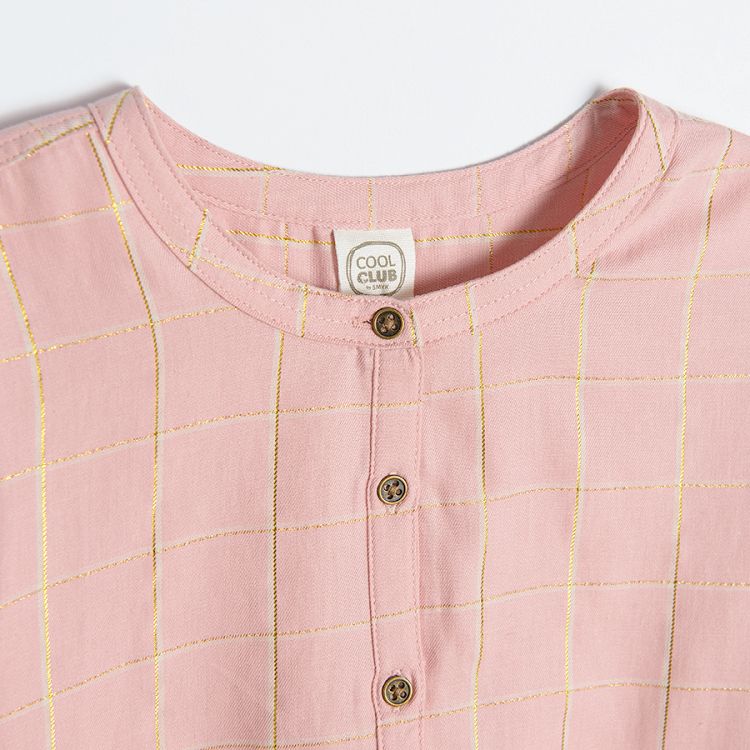 Μπλούζα μακρυμάνικη ροζ καρό με χρυσές λεπτομέρειες