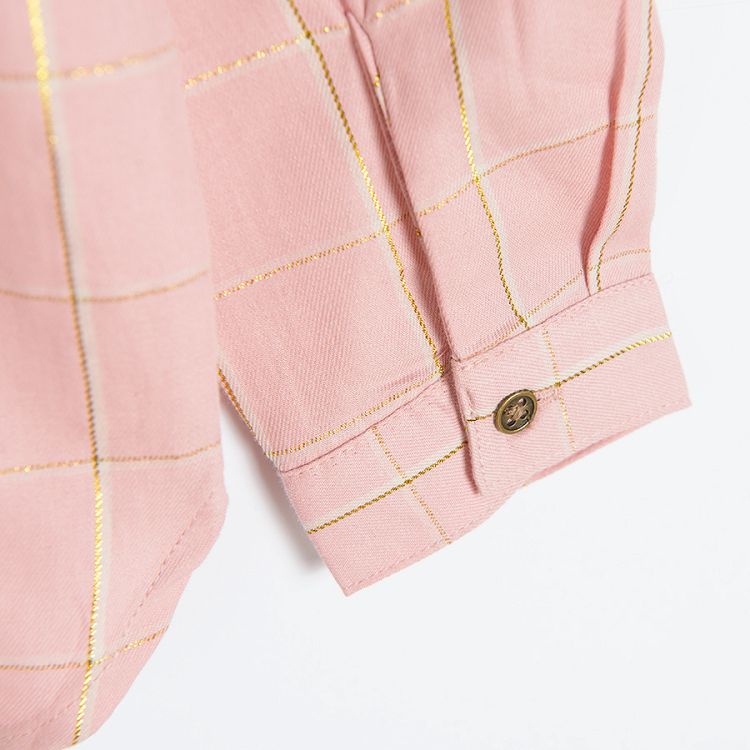 Μπλούζα μακρυμάνικη ροζ καρό με χρυσές λεπτομέρειες