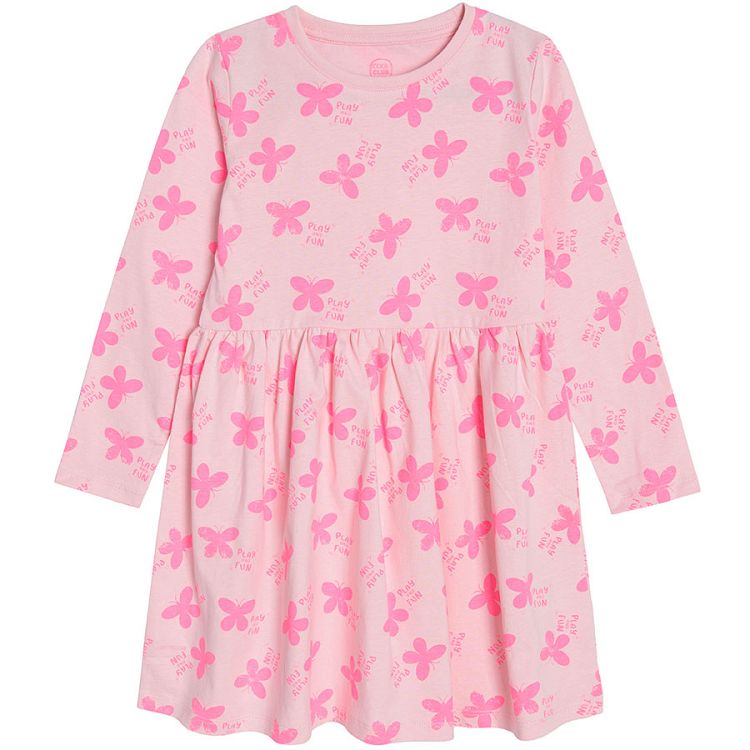 Φόρεμα μακρυμάνικο ροζ με στάμπα πεταλούδες