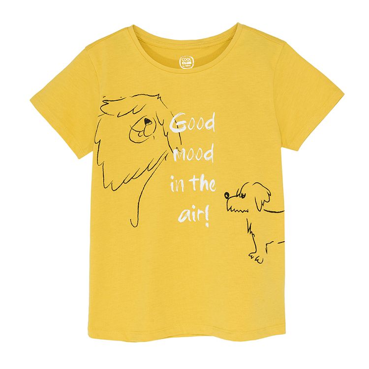 Μπλούζα κοντομάνικη κίτρινη με στάμπα σκυλάκια "GOOD MOOD IN THE AIR"