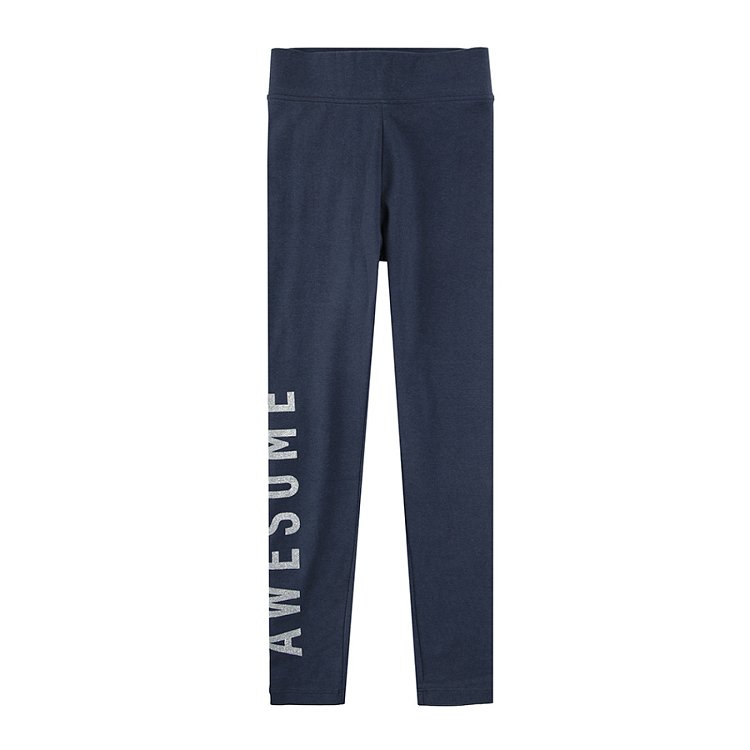Blue with Awesome print and grey with leaves print leggings 2 pack