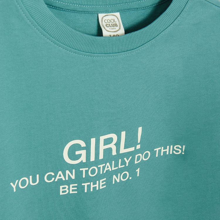 Φόρεμα μακρυμάνικο πράσινο με στάμπα Girl you can totally do this. Be the No1