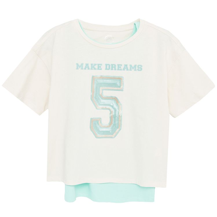 White and green two piece short sleeve blouse with Make dreams print