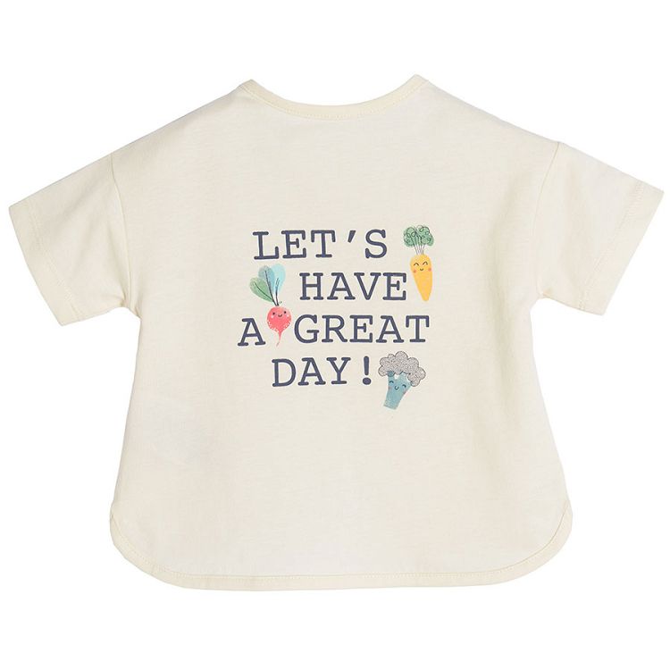 Short sleeve white blouse with *Lets have a great day* print and pink leggings