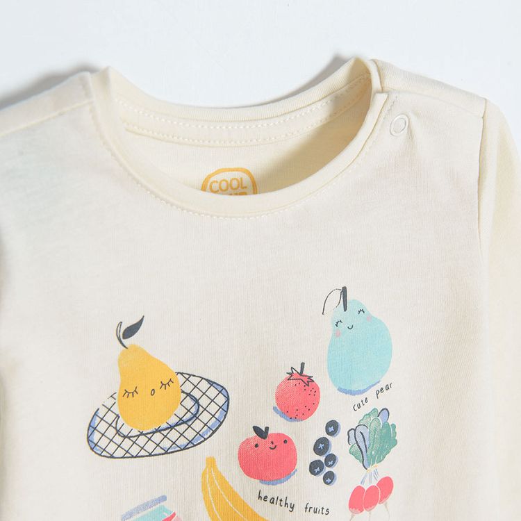 White long sleeve blouse with variety of fruit print