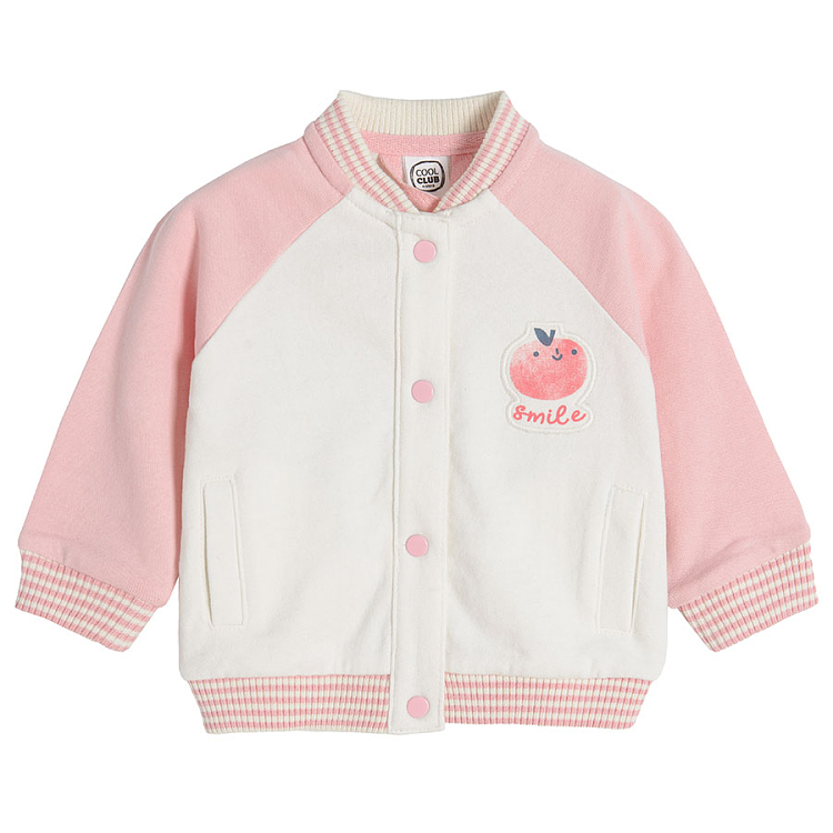 White zip through sweatshirt with pink sleeves