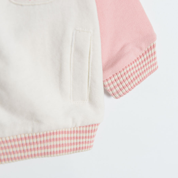 White zip through sweatshirt with pink sleeves