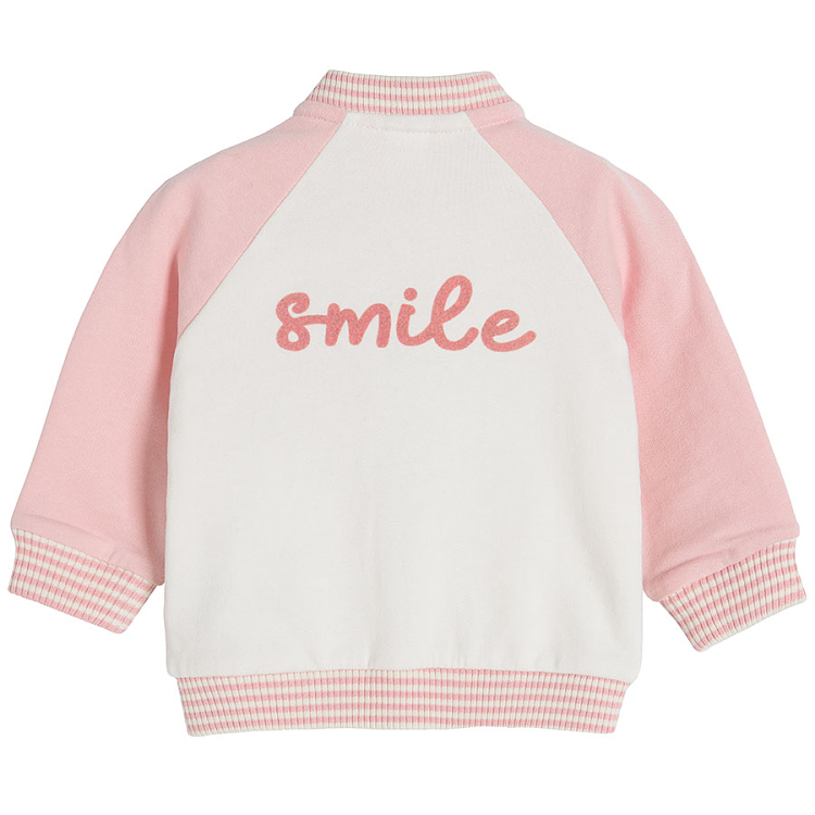 White zip through sweatshirt with pink sleeves