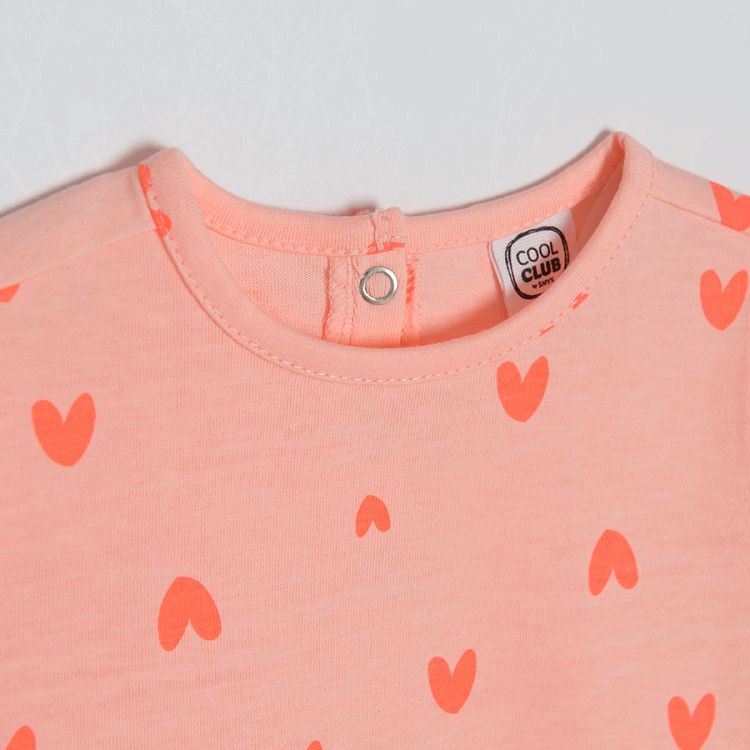 Fluo coral short sleeve dress with hearts print