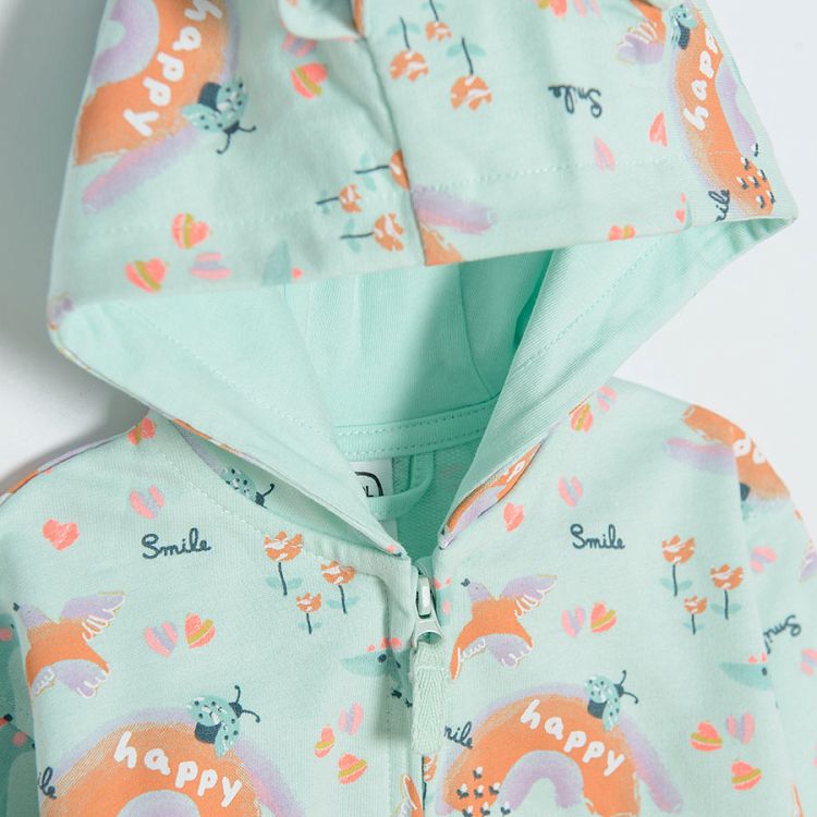 Light green zip through hoodie with pastel prints