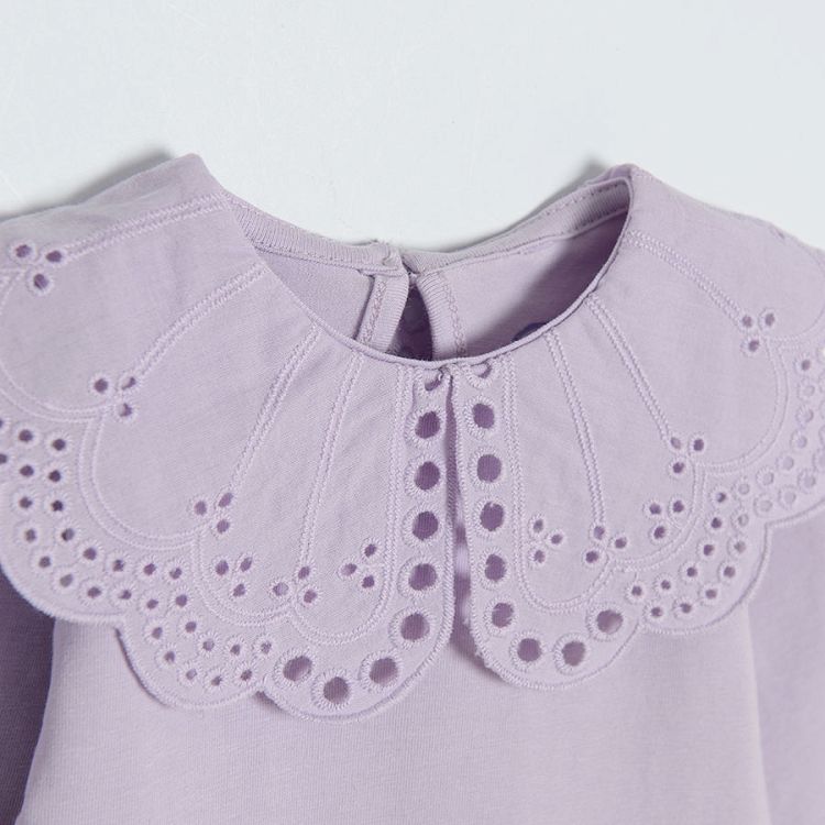 Light violet long sleeve bodysuit with embroidered collar
