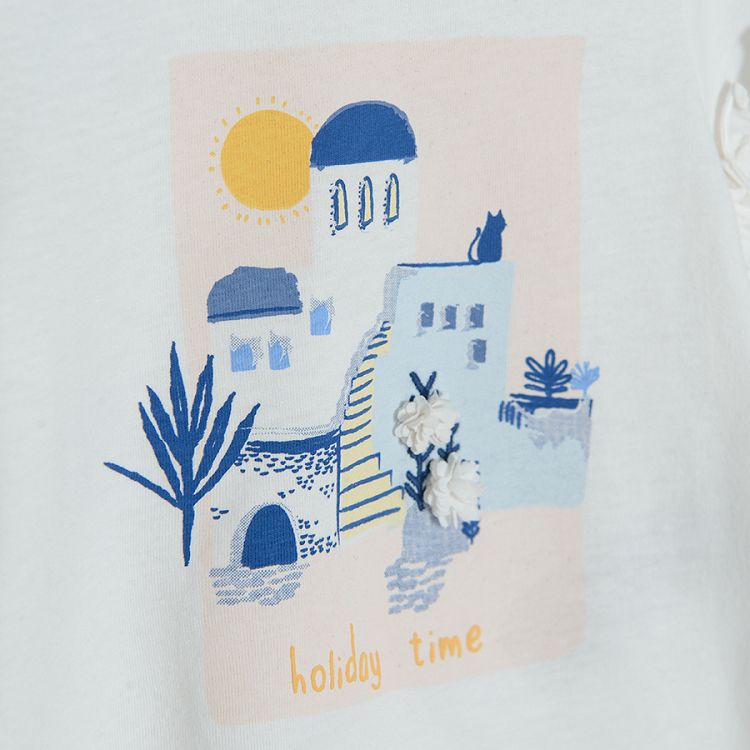 Cream short sleeve T-shirt with summer village print