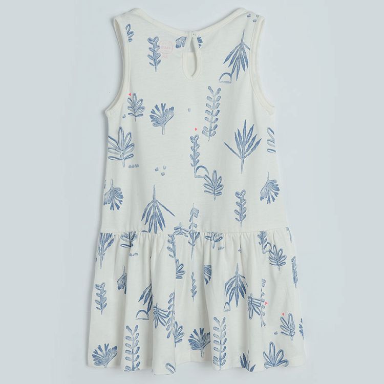 Φόρεμα αμάνικο λευκό με στάμπα μπλε φύλλα