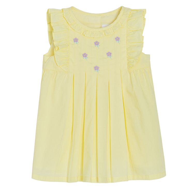 Yellow short sleeve classic dress with ruffles on the sleeves and neckline