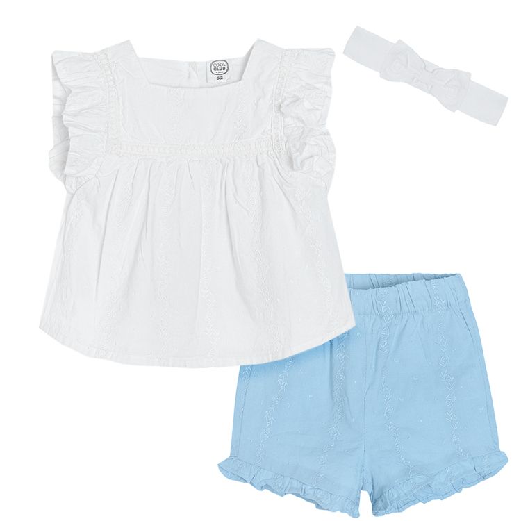 White sleeveless blouse with blue details blue shorts and matching headbank set