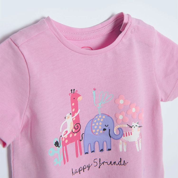 Κοντομάνικη μπλούζα 2 τμχ ροζ με βολάν και στάμπα ζωάκια Happy 5 friends