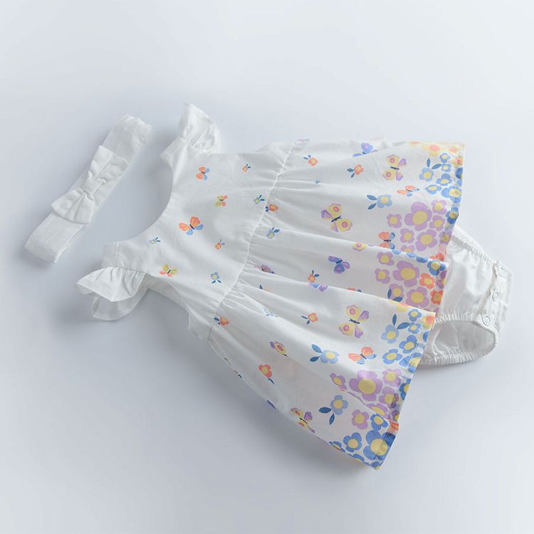 Σετ φορμάκι φόρεμα κοντομάνικο λευκό με στάμπα λουλούδια και πεταλούδες και κορδέλα με φιογκάκι