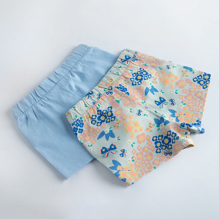 Light blue and floral shorts with adjustable waist- 2 pack