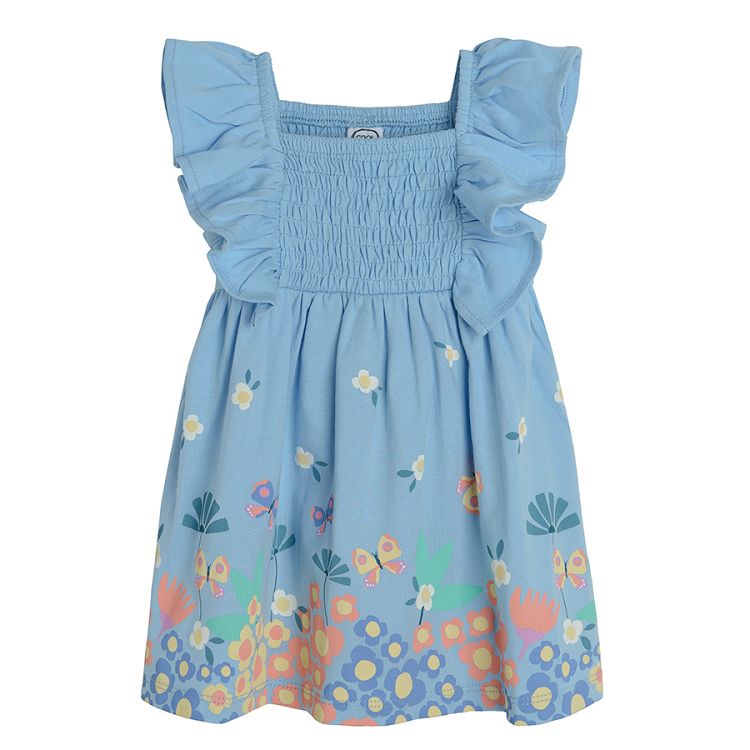 Blue summer dress with flowers and butterflies on the skirt