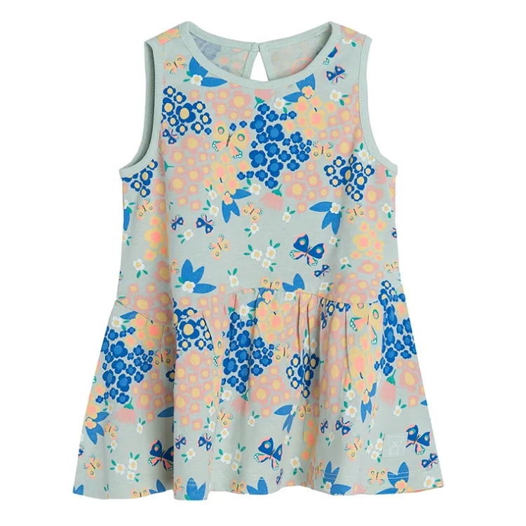 Olive sleeveless summer dress with flowers and butterflies print