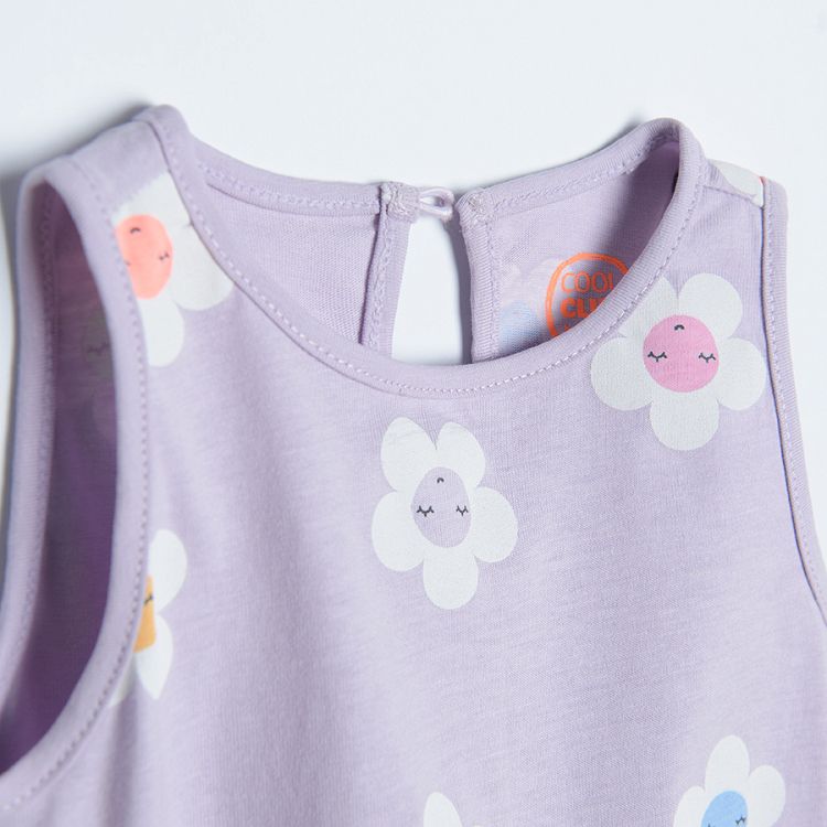 Lilac sleeveles summer dress with white flowers print