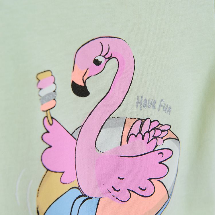 Light green short sleeve T-shirt with flamingo floatie