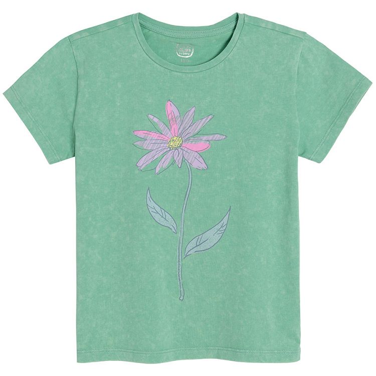 Green short sleeve T-shirt with flower print