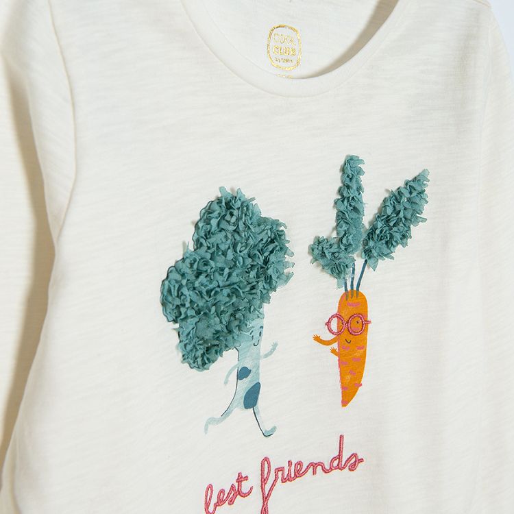 Beige long sleeve T-shirt with carrot and broccoli print