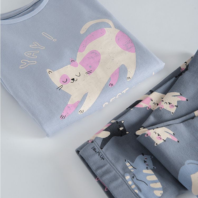 Grey set long sleeve T-shirt and leggings with cats print
