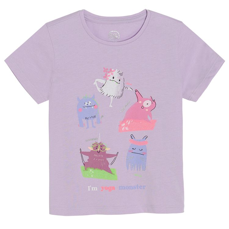 Light violet short sleeve T-shirt with funny creatures print
