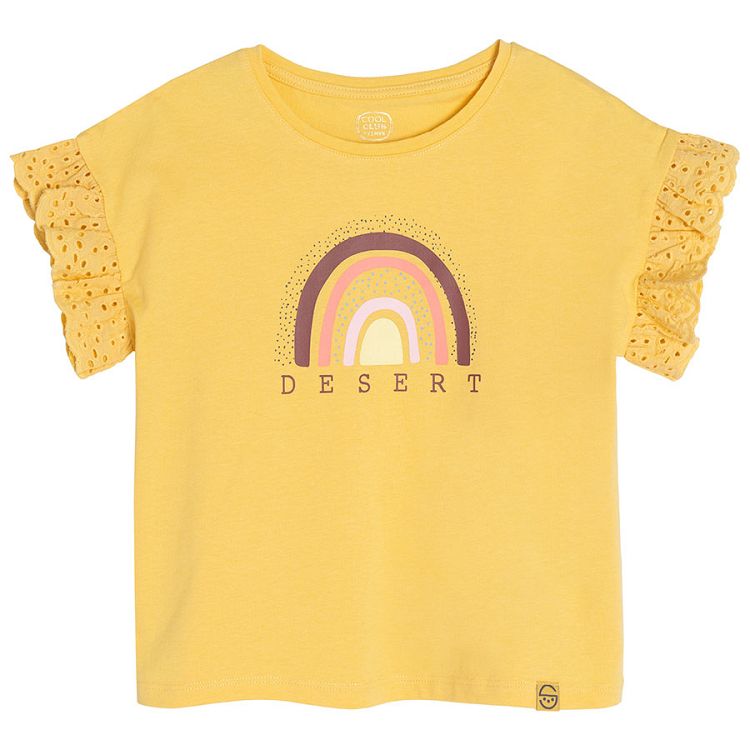 White with a camel olive with white prints and yellow with ruffle on the sleeves T-shirts - 3 pack