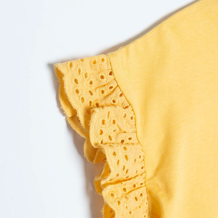 White with a camel olive with white prints and yellow with ruffle on the sleeves T-shirts - 3 pack