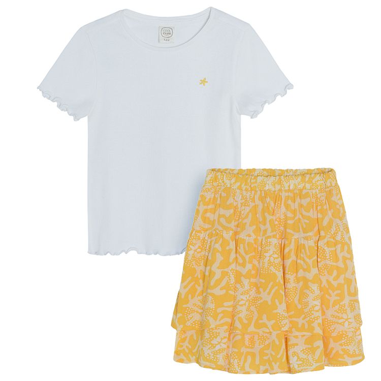 Σετ μπλούζα κοντομάνικη λευκή και κίτρινη φούστα με κοράλλια