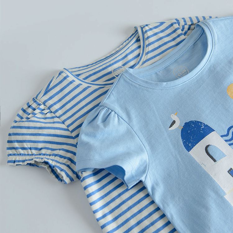 Blue with summer theme print and striped short sleeve T-shirts - 2 pack
