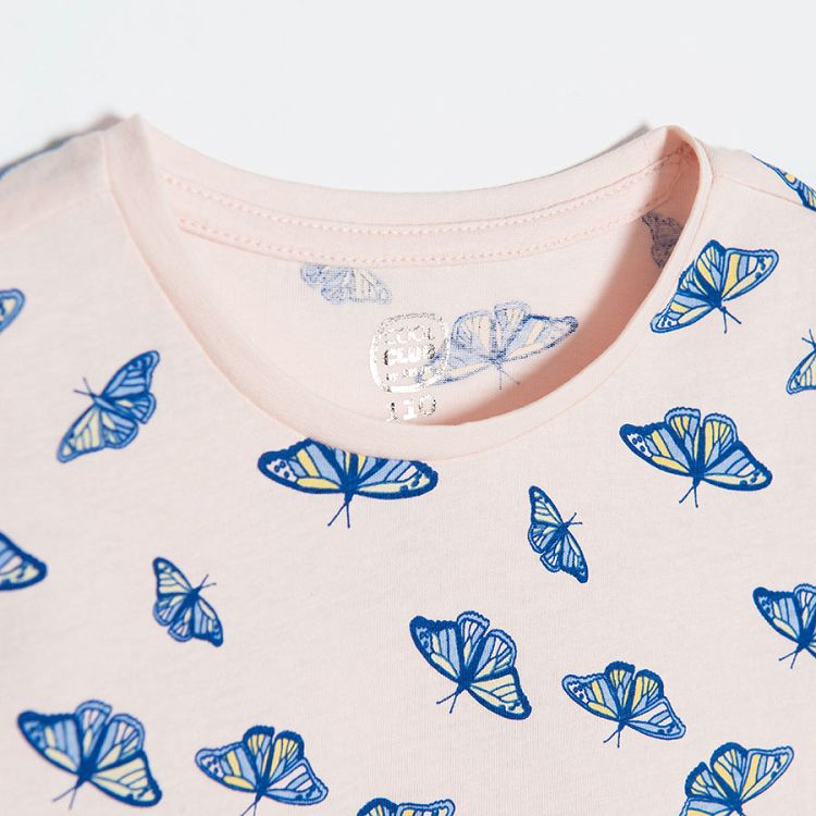 Light pink short sleeve T-shirt with butterflies print